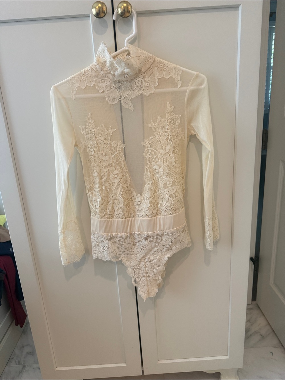 Free People Cream Lace High-Neck Long-Sleeve Bodysuit